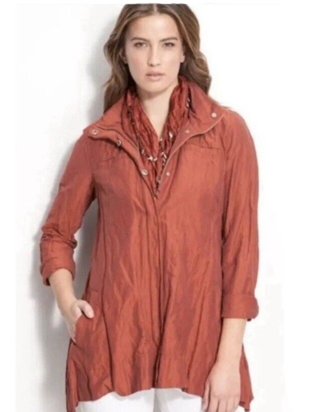 Eileen Fisher Lightweight Packable Jacket Rust Shade W/Hood Women's Size S